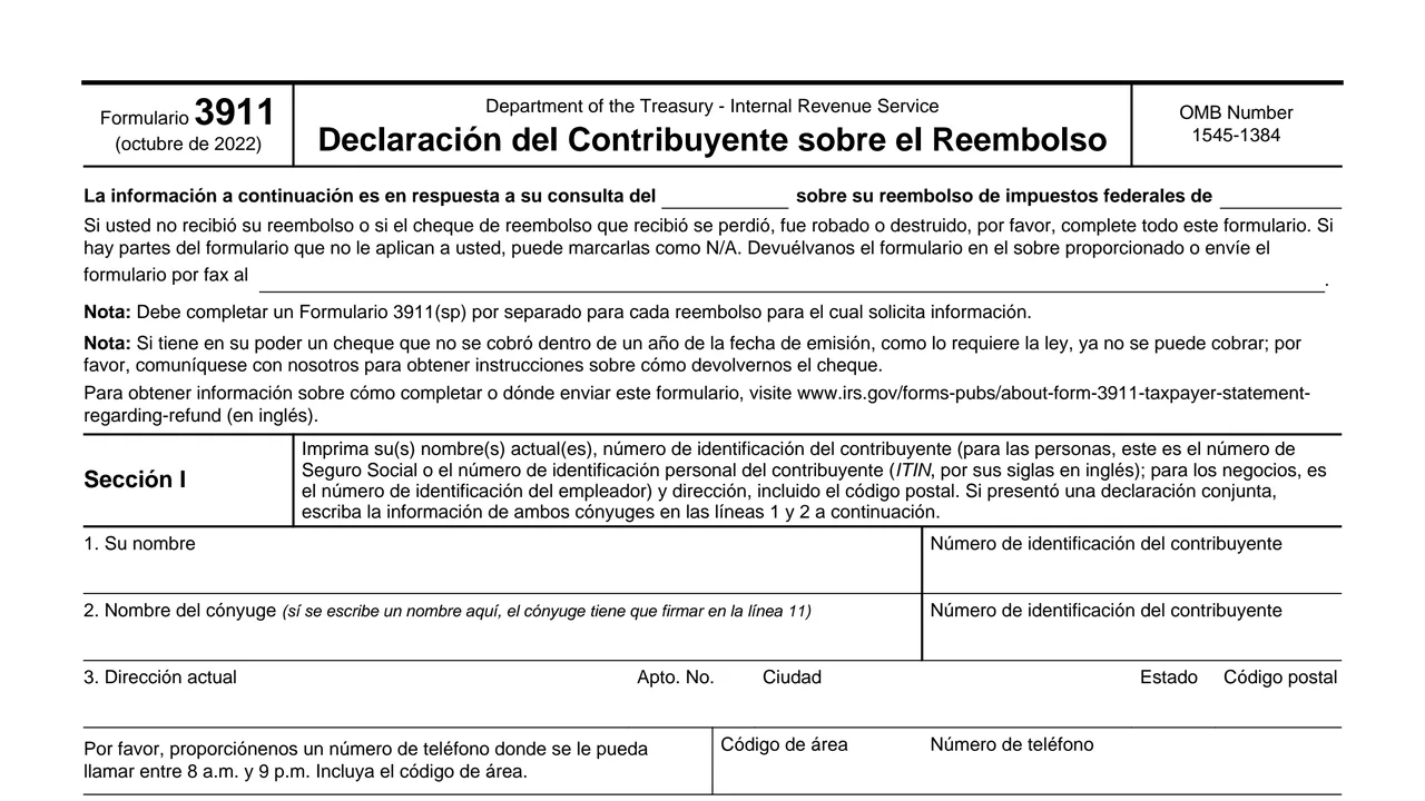 Top of page 1 of Form 3911 (sp): Taxpayer Statement Regarding Refund, Spanish Version, as printed by IRS