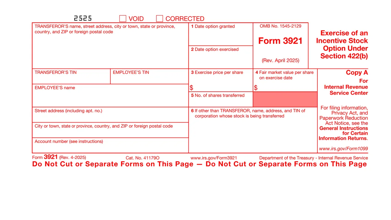 Top of page 1 of Form 3921: Exercise of an Incentive Stock Option Under Section 422(b), as printed by IRS