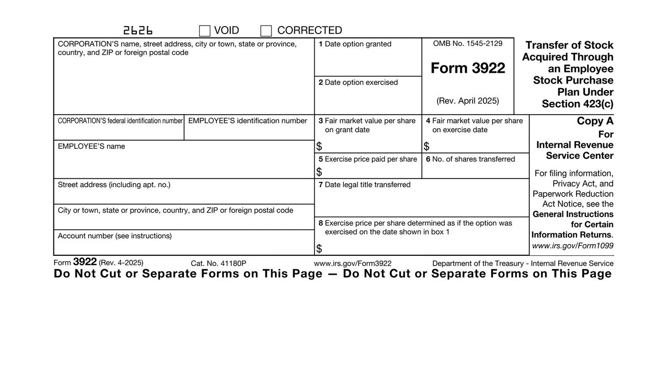 Top of page 1 of Form 3922: Transfer of Stock Acquired Through an Employee Stock Purchase Plan, as printed by IRS