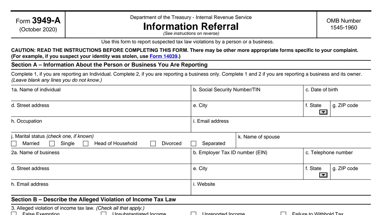 Top of page 1 of Form 3949-A: Information Referral, as printed by IRS
