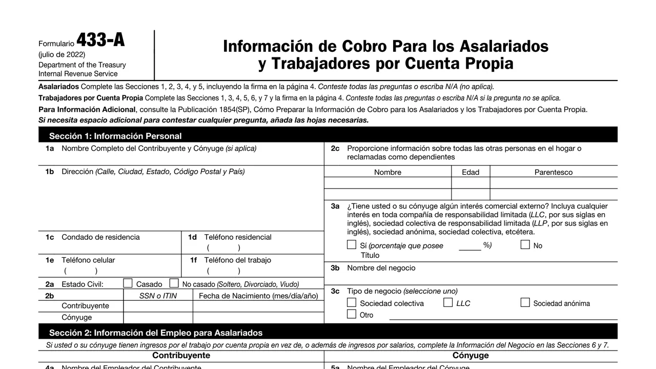Top of page 1 of Form 433-A (sp): Collection Information Statement, Spanish Version, as printed by IRS