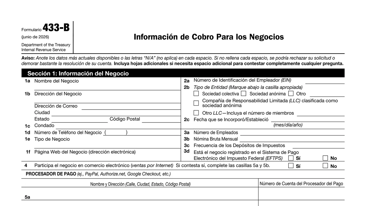 Top of page 1 of Form 433-B (SP): Collection Information Statement for Businesses, Spanish Version, as printed by IRS