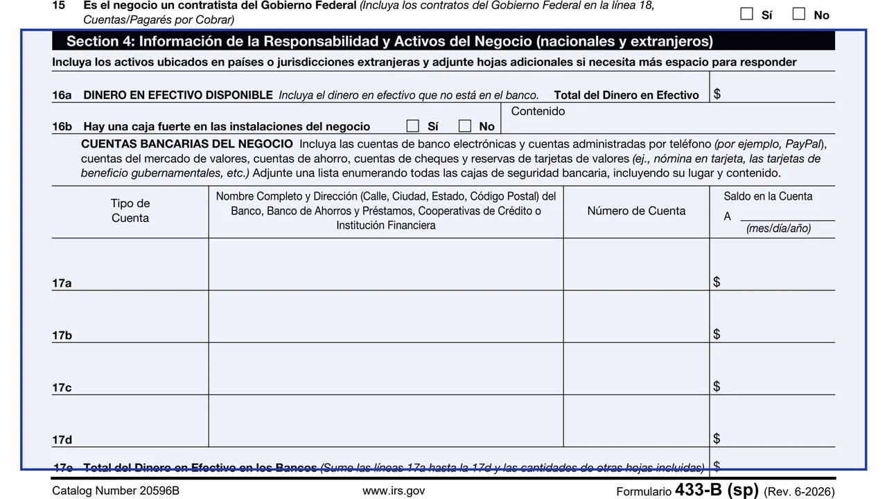 Section 4: assets and liabilities on page 2 of Form 433-B (SP): Collection Information Statement for Businesses, Spanish Version, as printed by IRS
