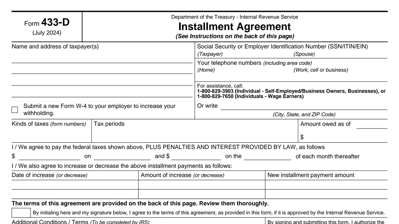 Top of page 1 of Form 433-D: Installment Agreement, as printed by IRS
