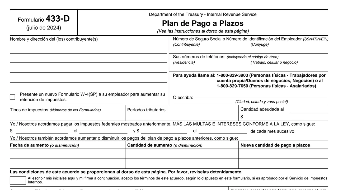 Top of page 1 of Form 433-D (sp): Installment Agreement, Spanish Version, as printed by IRS