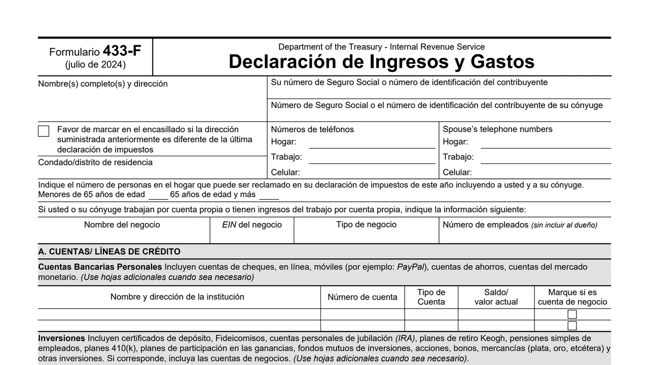 Top of page 1 of Form 433-F (sp): Collection Information Statement, Spanish Version, as printed by IRS