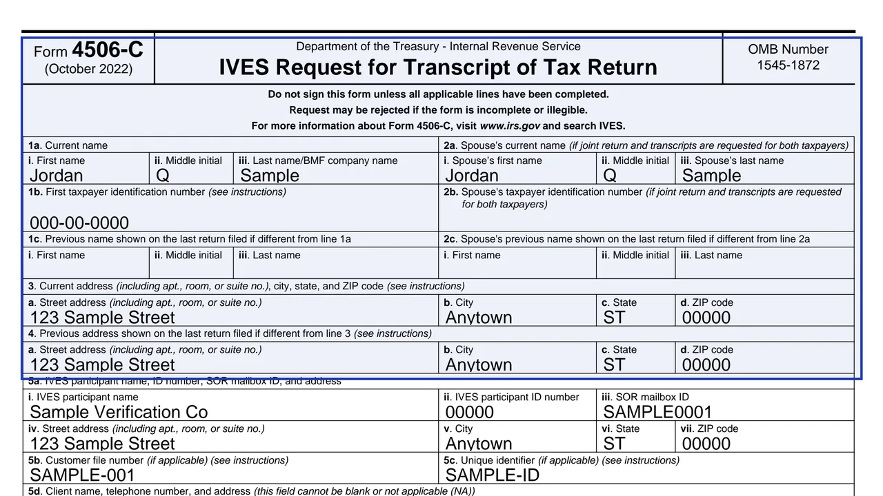 Page 1 of Form 4506-C with the title, taxpayer lines 1 and 2 and address lines 3 and 4, sample values