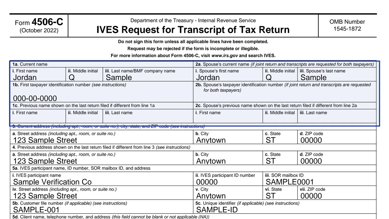 Lines 1 and 2 of Form 4506-C with the taxpayer's and spouse's current names, numbers and previous names