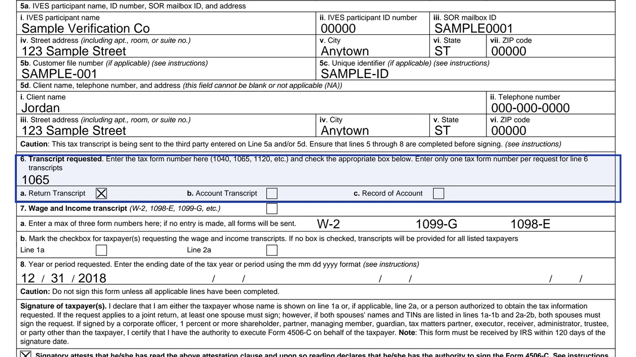 Line 6 of Form 4506-C with the form number and return, account and record of account boxes