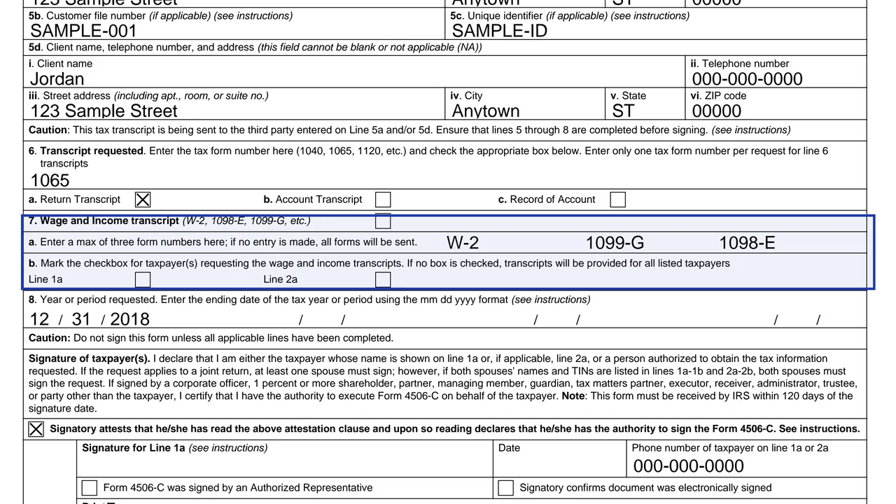 Line 7 of Form 4506-C with up to three wage and income form numbers