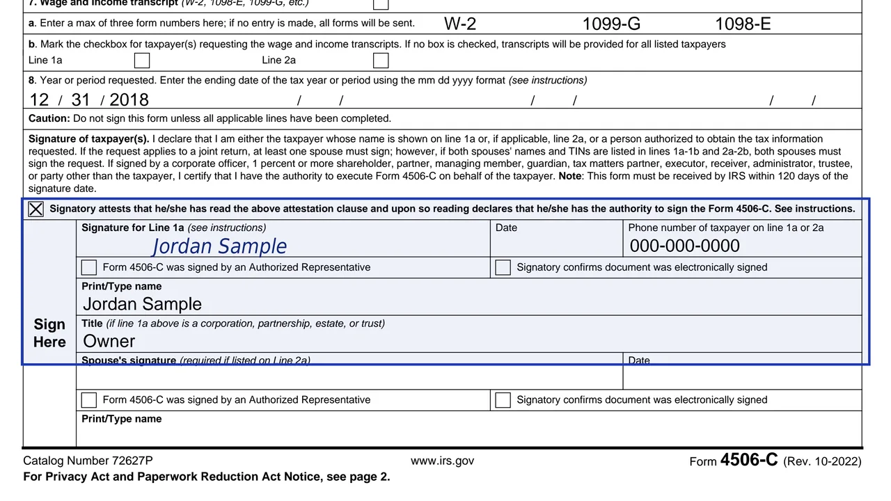The signature block of Form 4506-C with the authority checkbox, representative box and electronic signature box