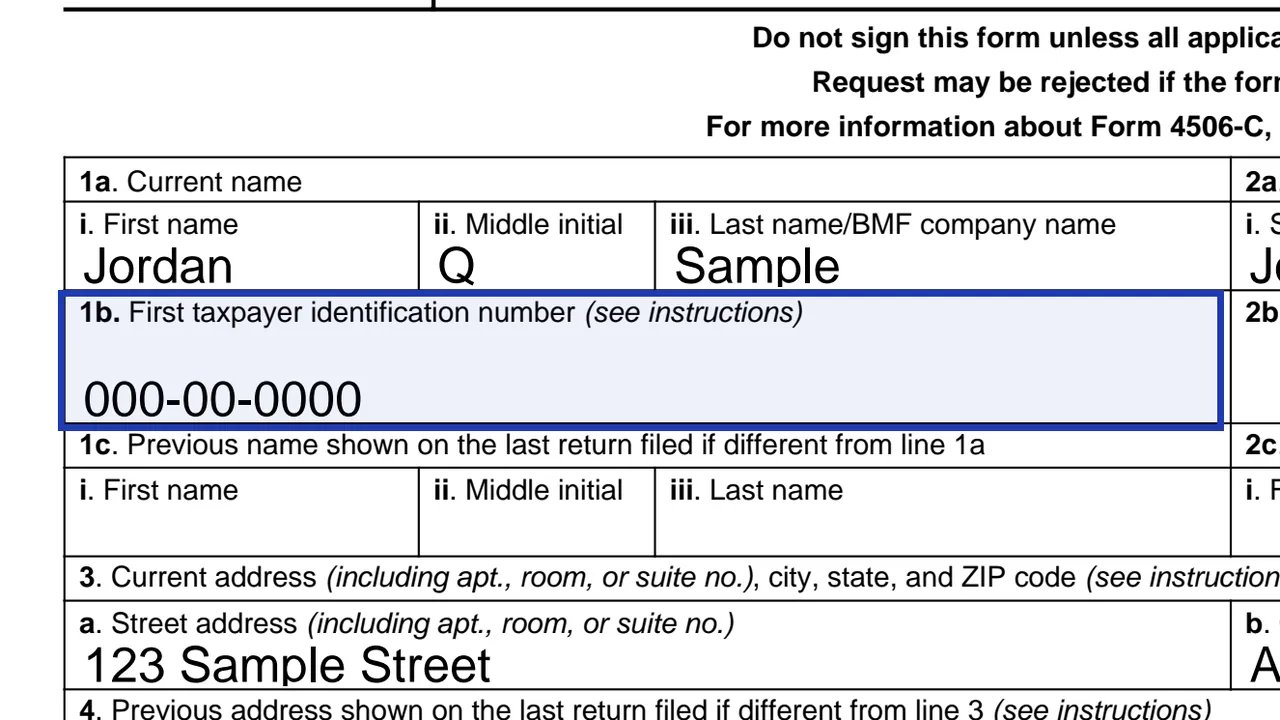 Line 1b of Form 4506-C with an SSN, ITIN or EIN entered with dashes, sample values