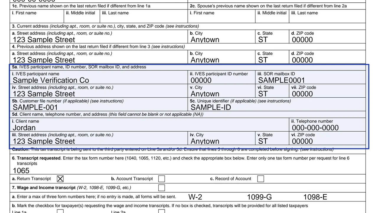 Lines 5a and 5d of Form 4506-C with the participant and client company details filled in