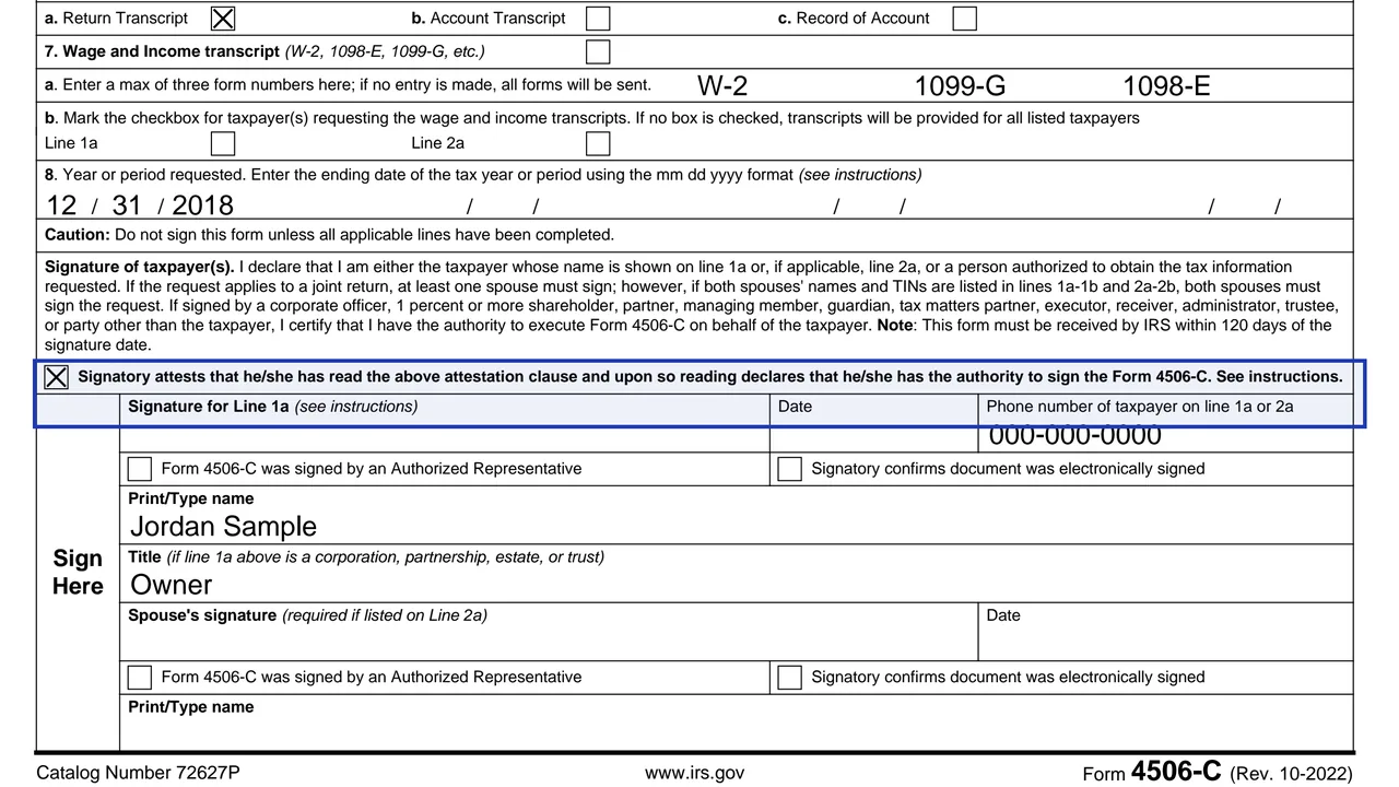 The authority checkbox beside the signature on Form 4506-C, ticked before signing