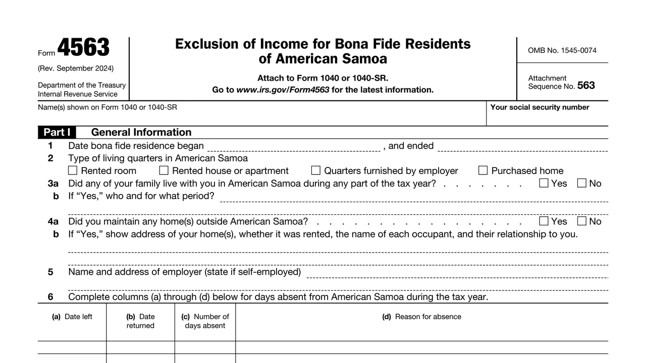 Top of page 1 of Form 4563: Exclusion of Income for Bona Fide Residents of American Samoa, as printed by IRS