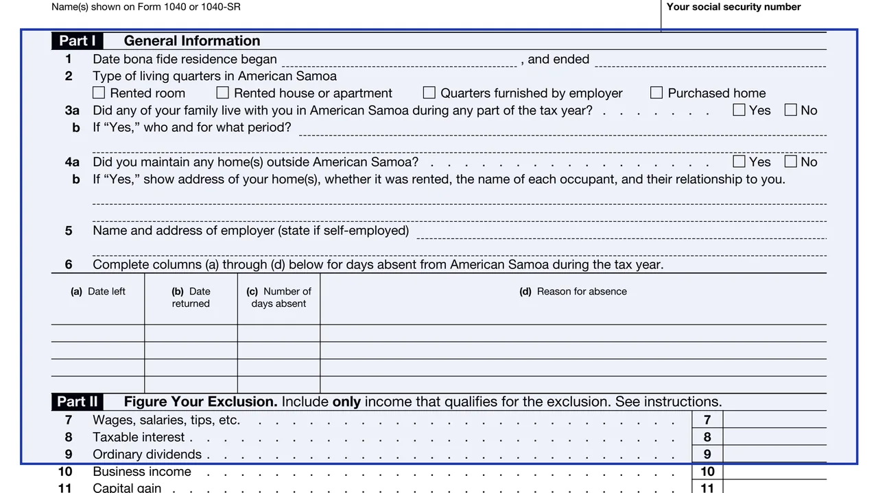 Part I on page 1 of Form 4563: Exclusion of Income for Bona Fide Residents of American Samoa, as printed by IRS