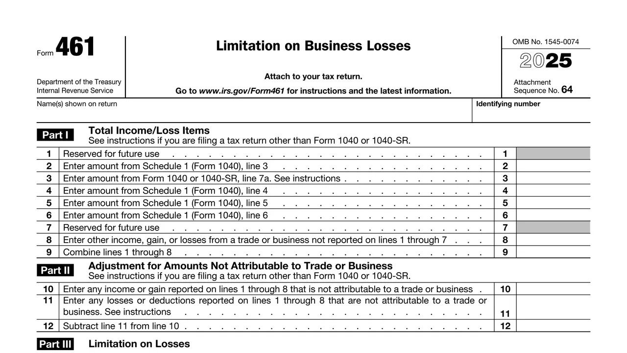 Top of page 1 of Form 461: Limitation on Business Losses, as printed by IRS