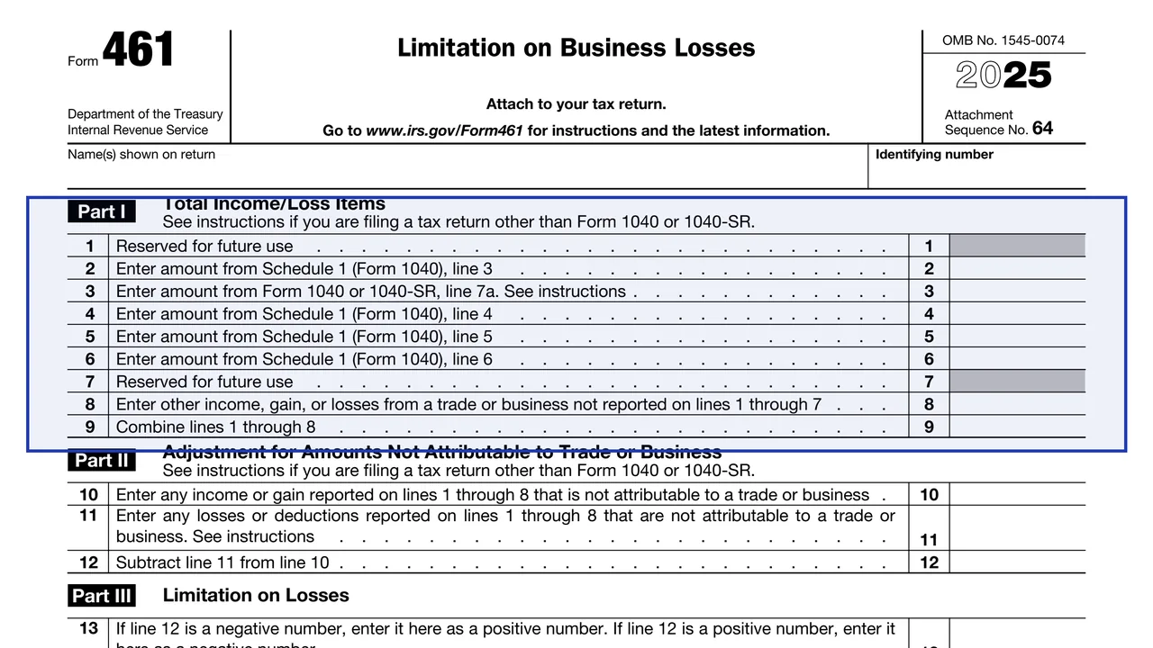 Part I, lines 1 to 9 on page 1 of Form 461: Limitation on Business Losses, as printed by IRS