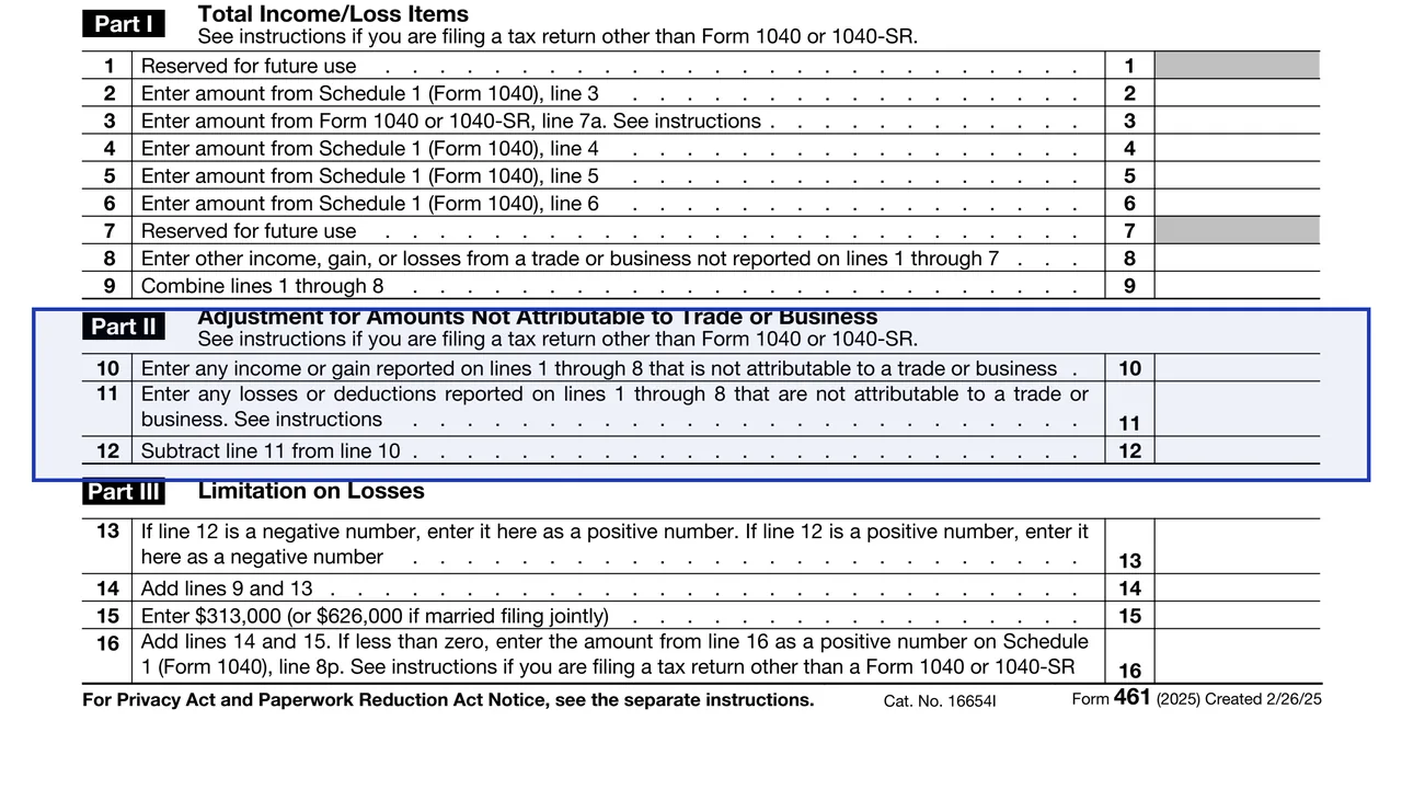 Part II, lines 10 to 12 on page 1 of Form 461: Limitation on Business Losses, as printed by IRS