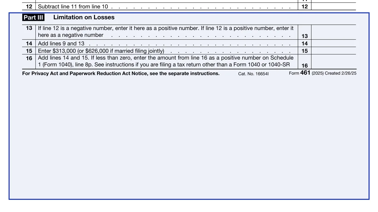 Part III, lines 13 and 14 on page 1 of Form 461: Limitation on Business Losses, as printed by IRS