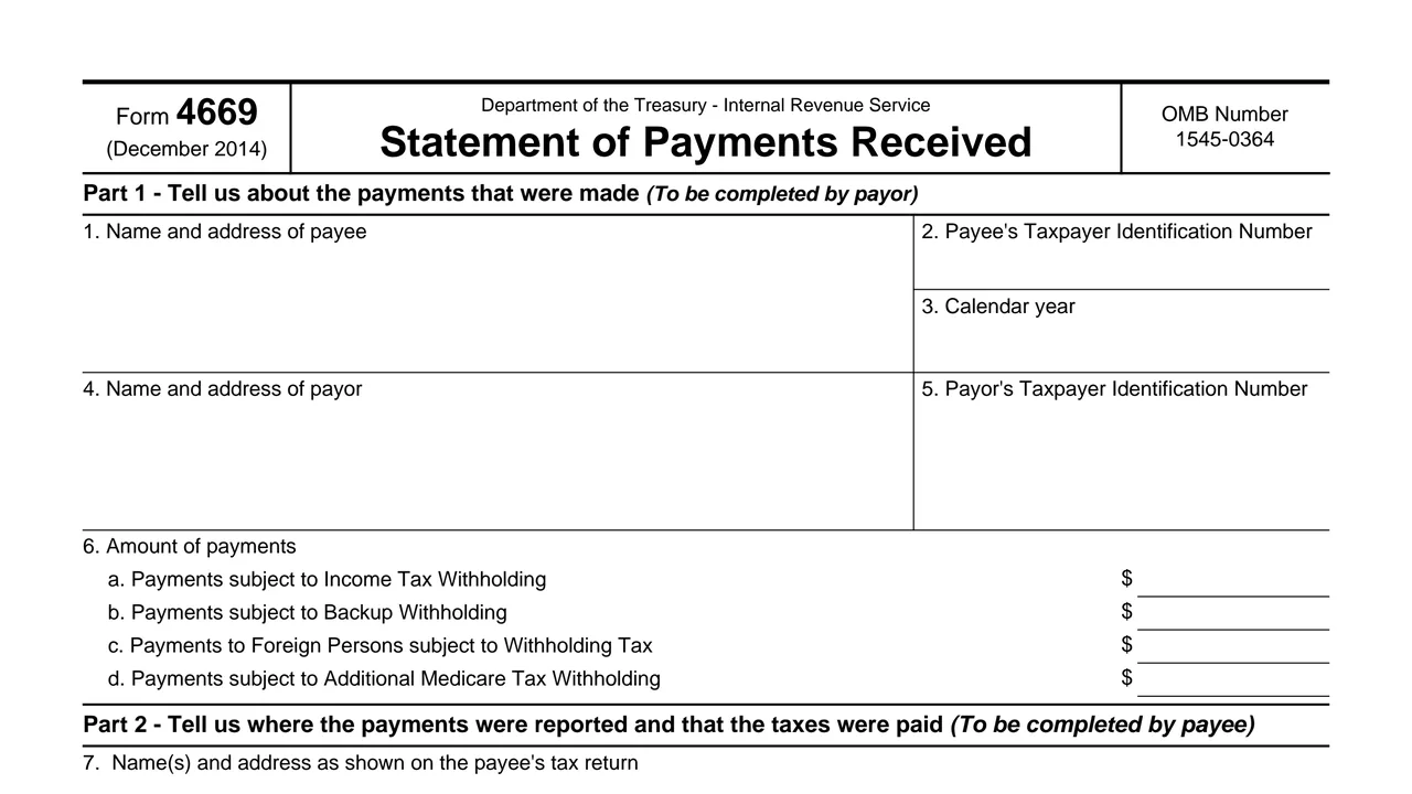 Top of page 1 of Form 4669: Statement of Payments Received, as printed by IRS