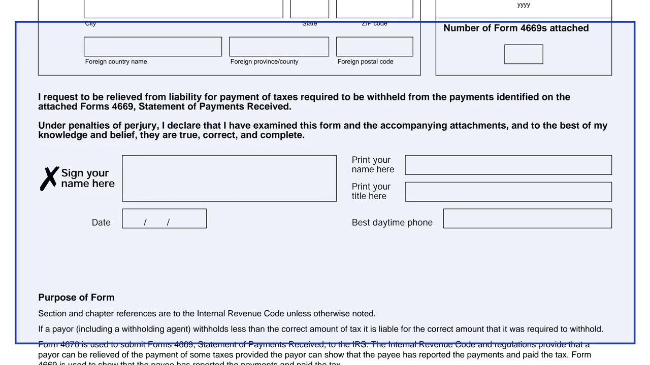 Number of Form 4669s attached on page 1 of Form 4670: Request for Relief of Payment of Certain Withholding Taxes, as printed by IRS