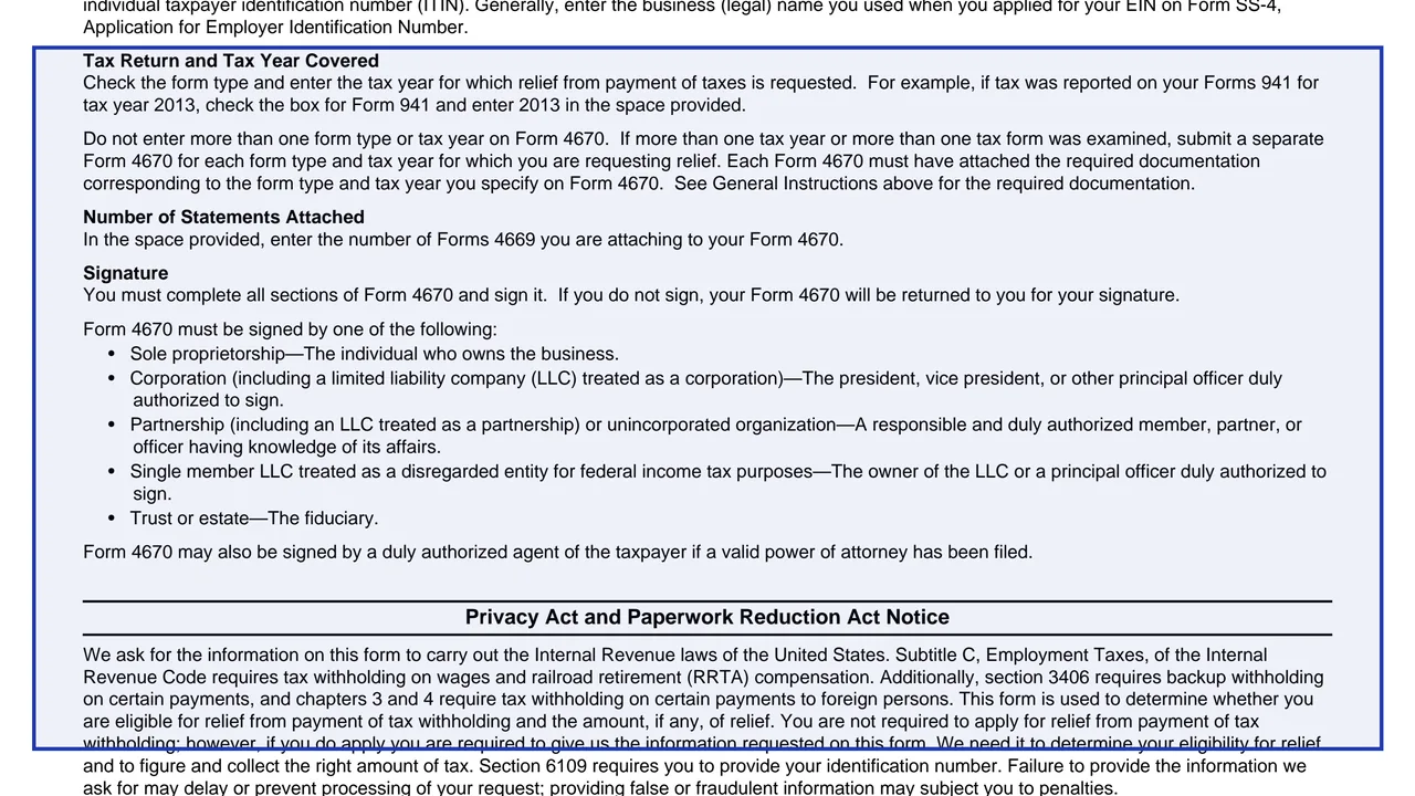 Tax return and tax year on page 2 of Form 4670: Request for Relief of Payment of Certain Withholding Taxes, as printed by IRS