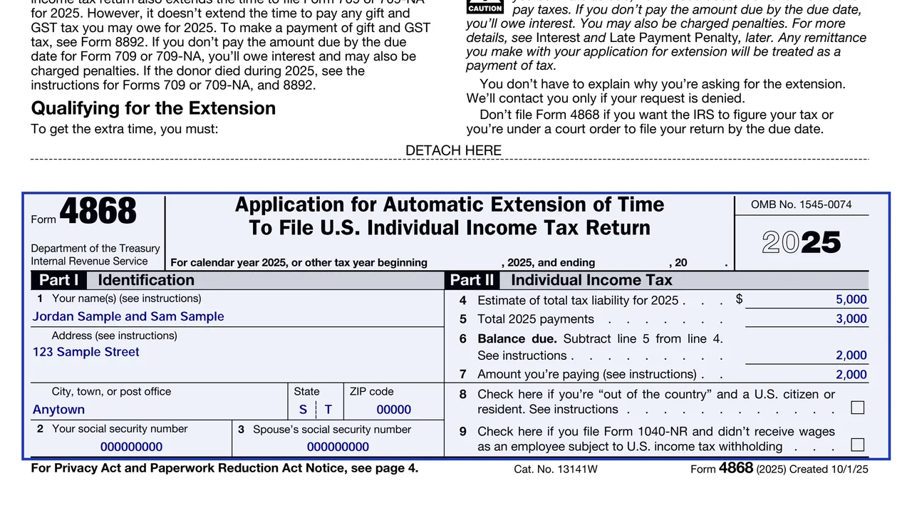 Form 4868, Application for Automatic Extension of Time To File, with Part I identification and Part II individual income tax