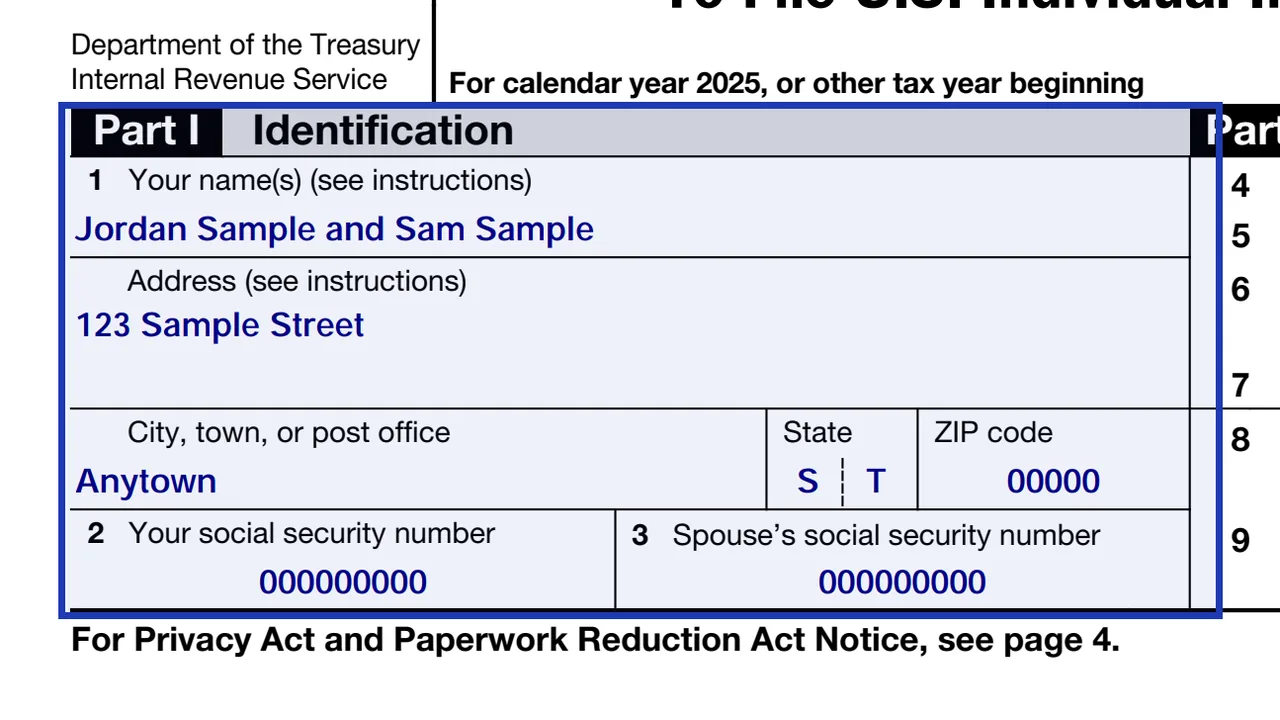 Part I of Form 4868 with name, address and Social Security numbers on lines 1 to 3