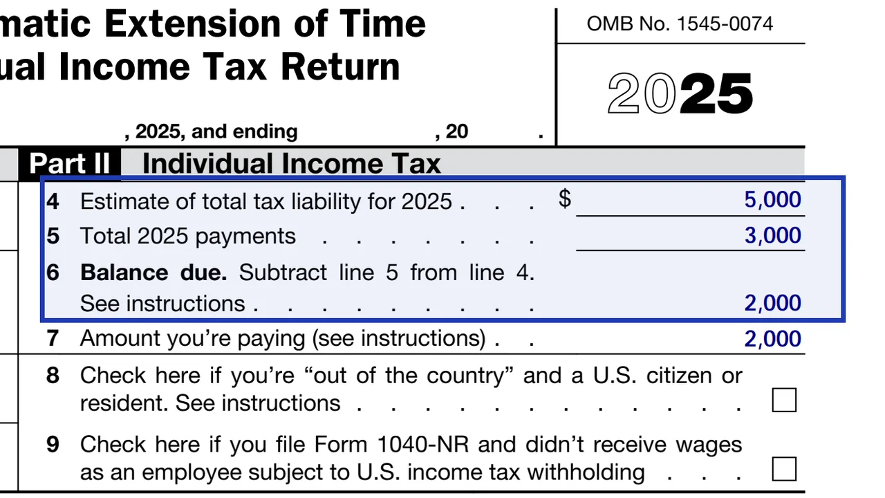 Lines 4 to 6 of Form 4868 for estimated total tax, total payments and balance due