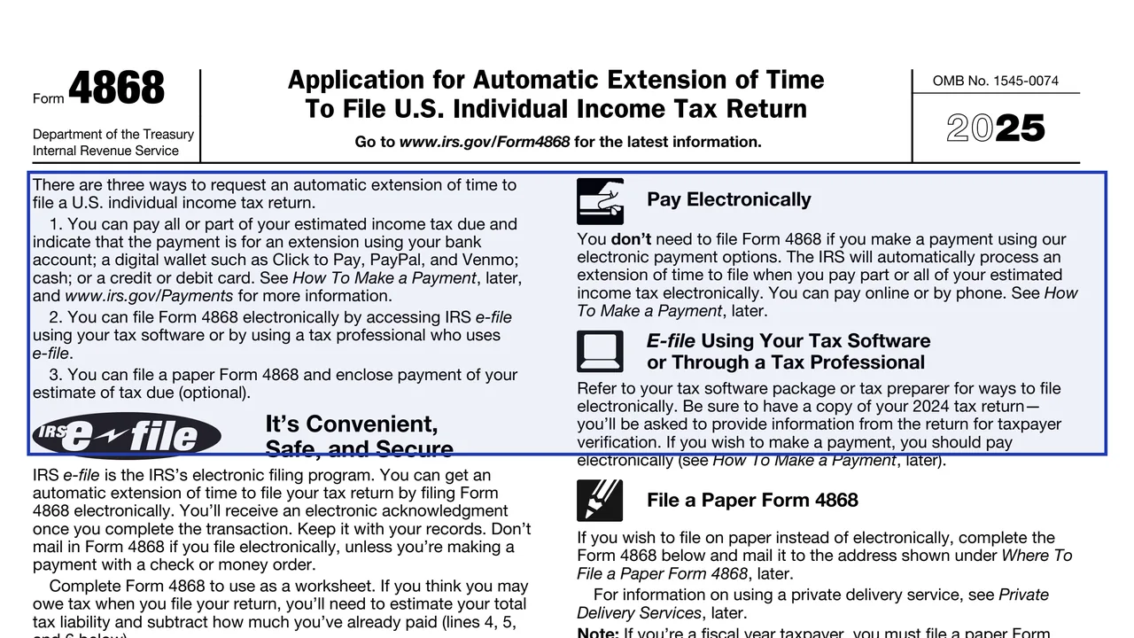 Form 4868 instructions listing the three ways to request an extension: pay electronically, e-file or file a paper form