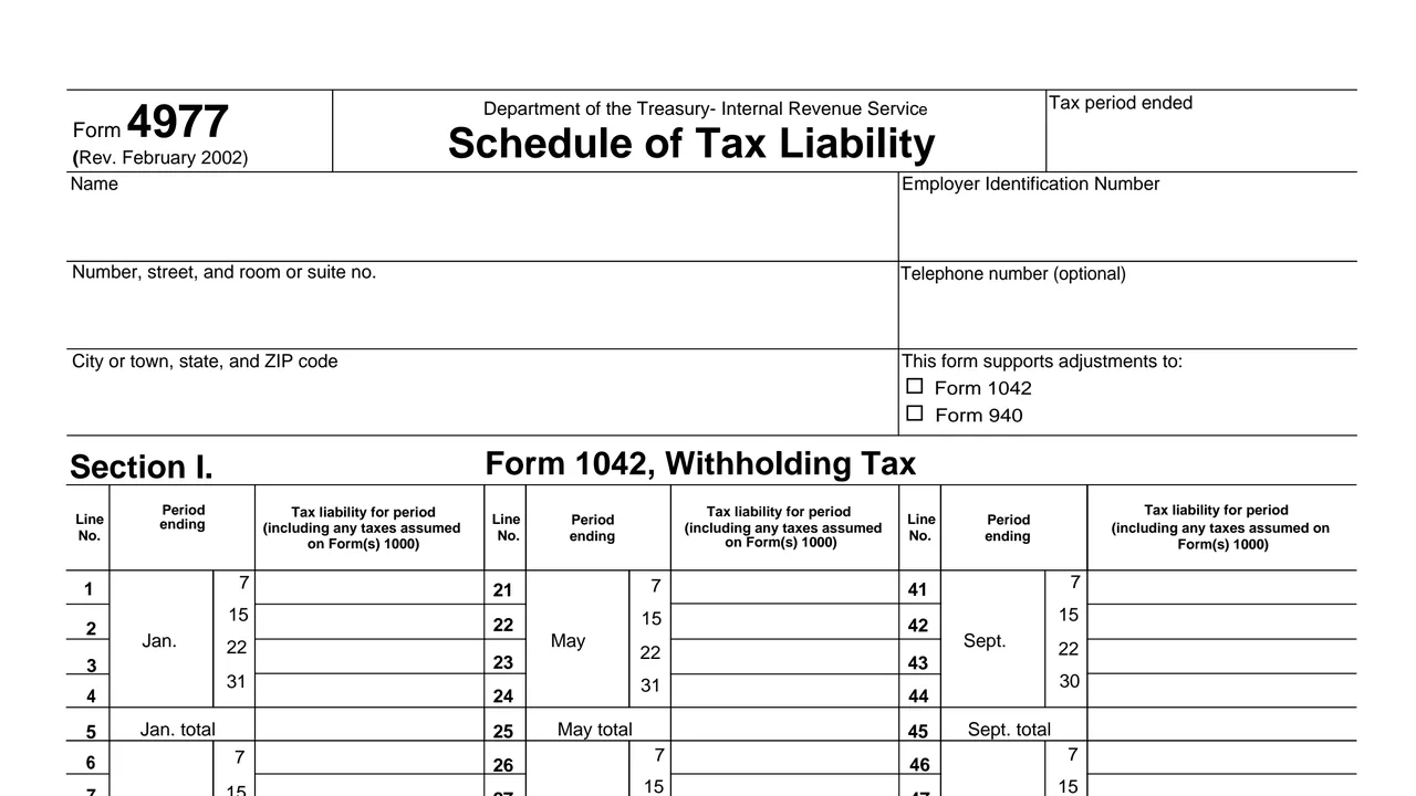 Top of page 1 of Form 4977: Schedule of Tax Liability, as printed by IRS