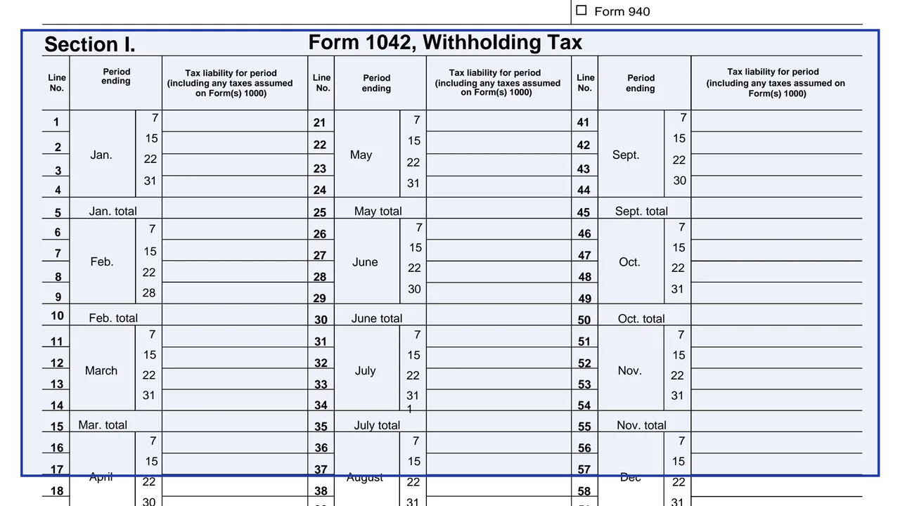 Section I: Form 1042 periods on page 1 of Form 4977: Schedule of Tax Liability, as printed by IRS