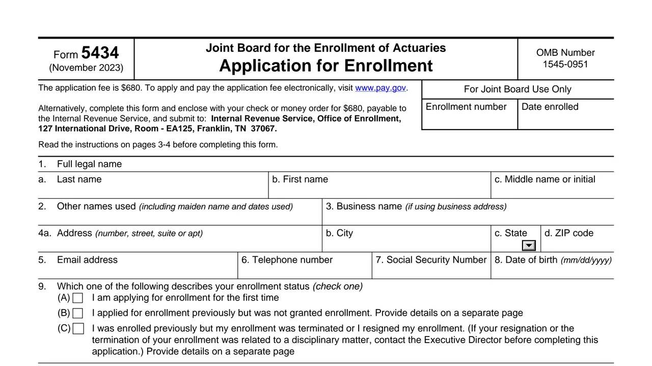 Top of page 1 of Form 5434: Joint Board for the Enrollment of Actuaries Application for Enrollment, as printed by IRS