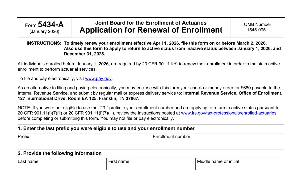 Top of page 1 of Form 5434-A: Joint Board for the Enrollment of Actuaries Renewal of Enrollment, as printed by IRS