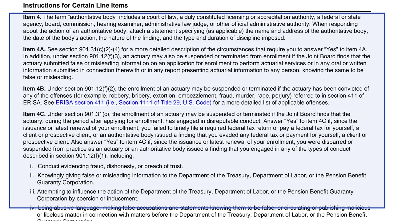 Item 4: conduct questions on page 3 of Form 5434-A: Joint Board for the Enrollment of Actuaries Renewal of Enrollment, as printed by IRS