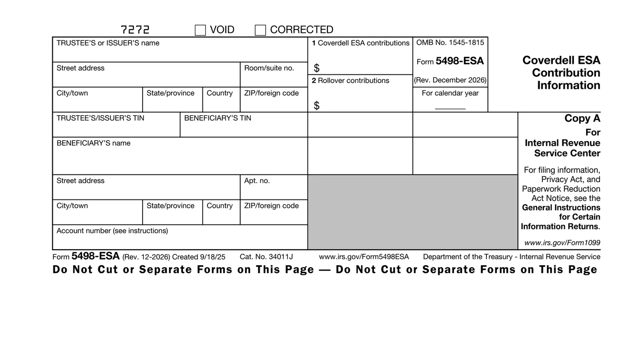 Top of page 1 of Form 5498-ESA: Coverdell ESA Contribution Information, as printed by IRS