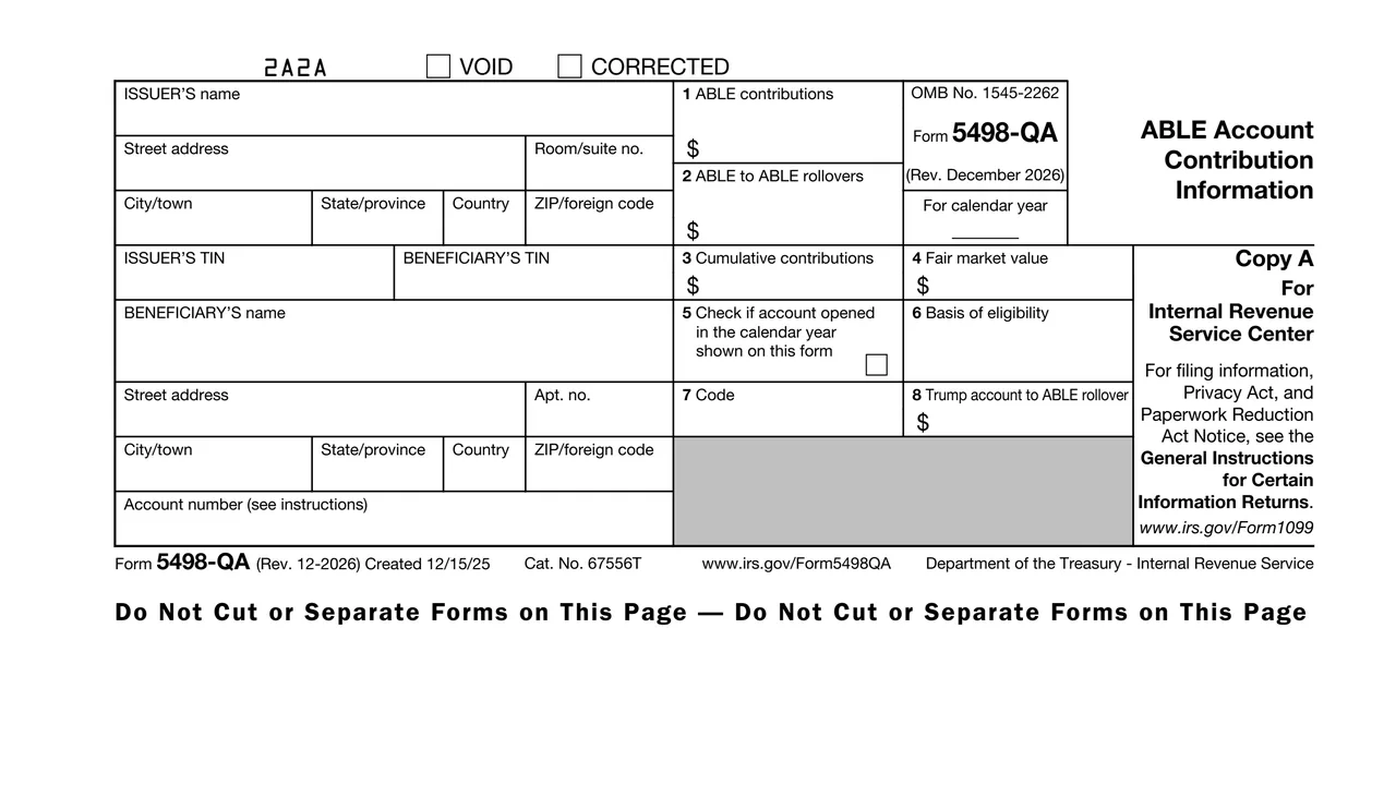 Top of page 1 of Form 5498-QA: ABLE Account Contribution Information, as printed by IRS