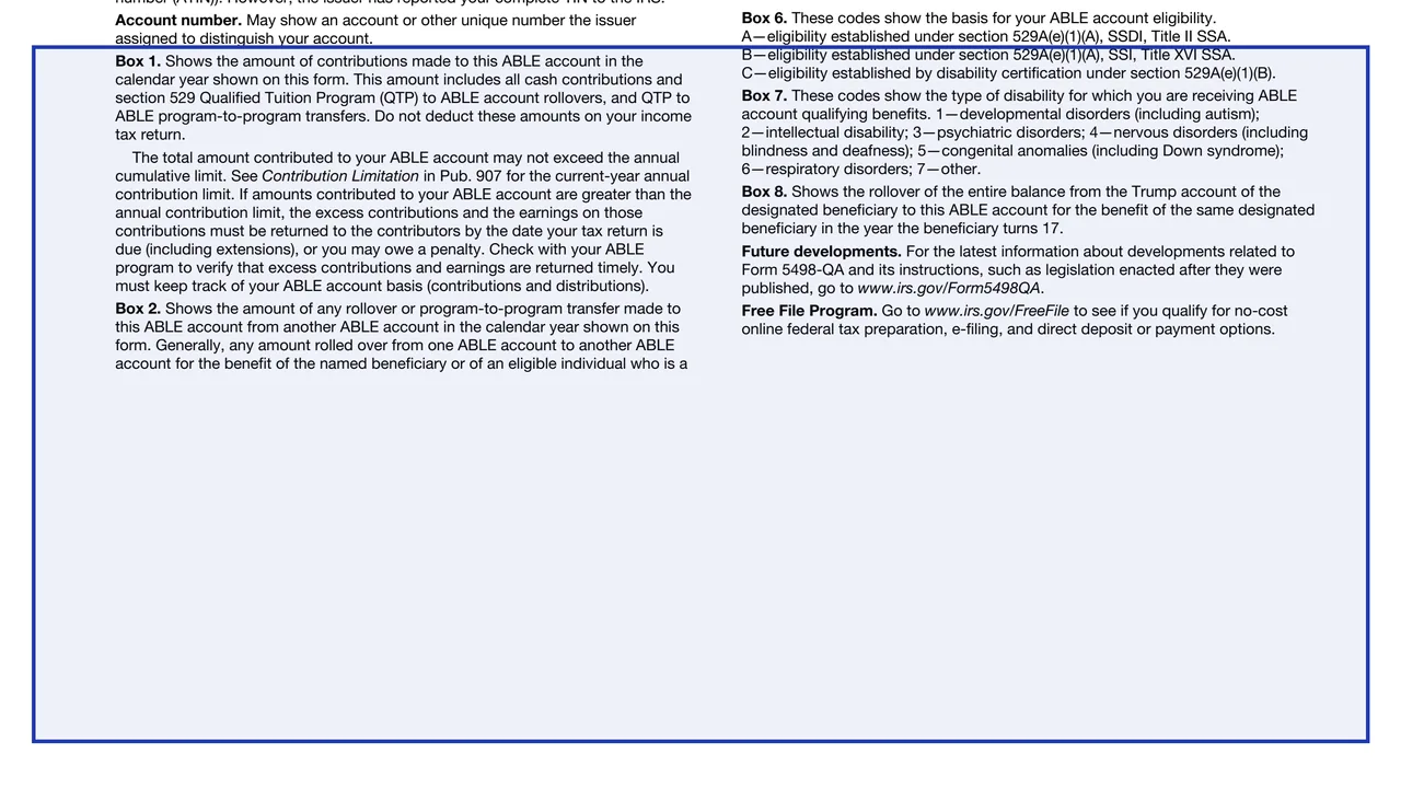 Box 1 on page 3 of Form 5498-QA: ABLE Account Contribution Information, as printed by IRS