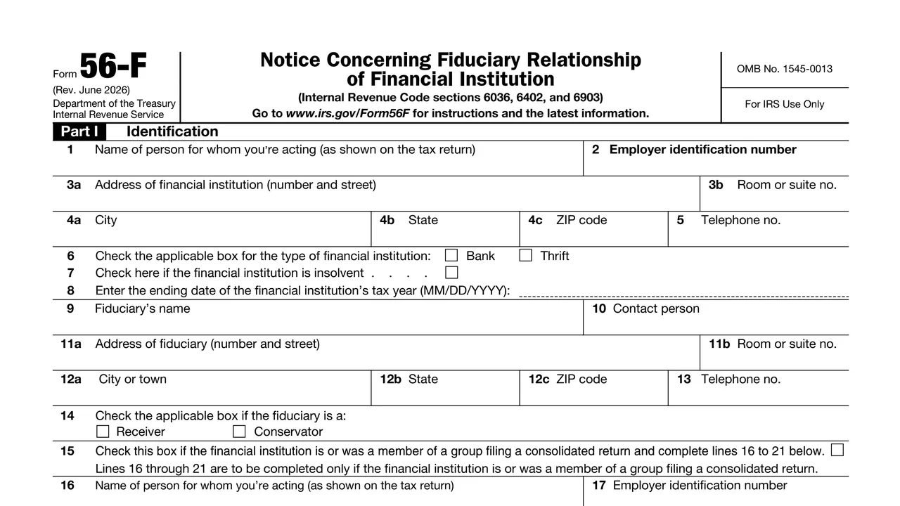 Top of page 1 of Form 56-F: Notice Concerning Fiduciary Relationship of Financial Institution, as printed by IRS
