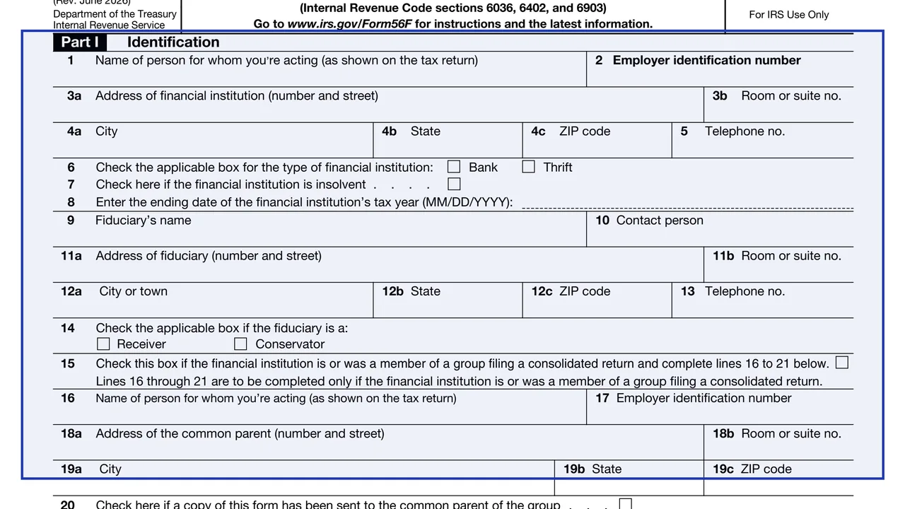 Part I, lines 1 to 8: the institution on page 1 of Form 56-F: Notice Concerning Fiduciary Relationship of Financial Institution, as printed by IRS