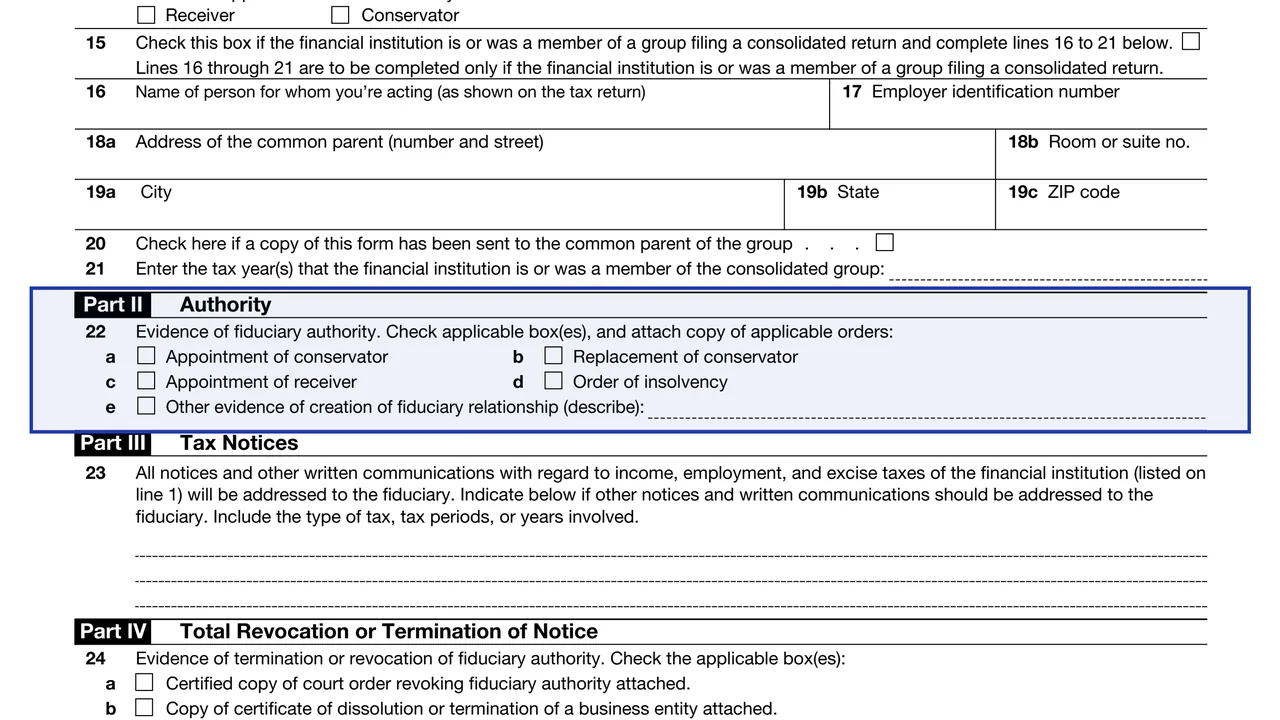Part II: Authority on page 1 of Form 56-F: Notice Concerning Fiduciary Relationship of Financial Institution, as printed by IRS
