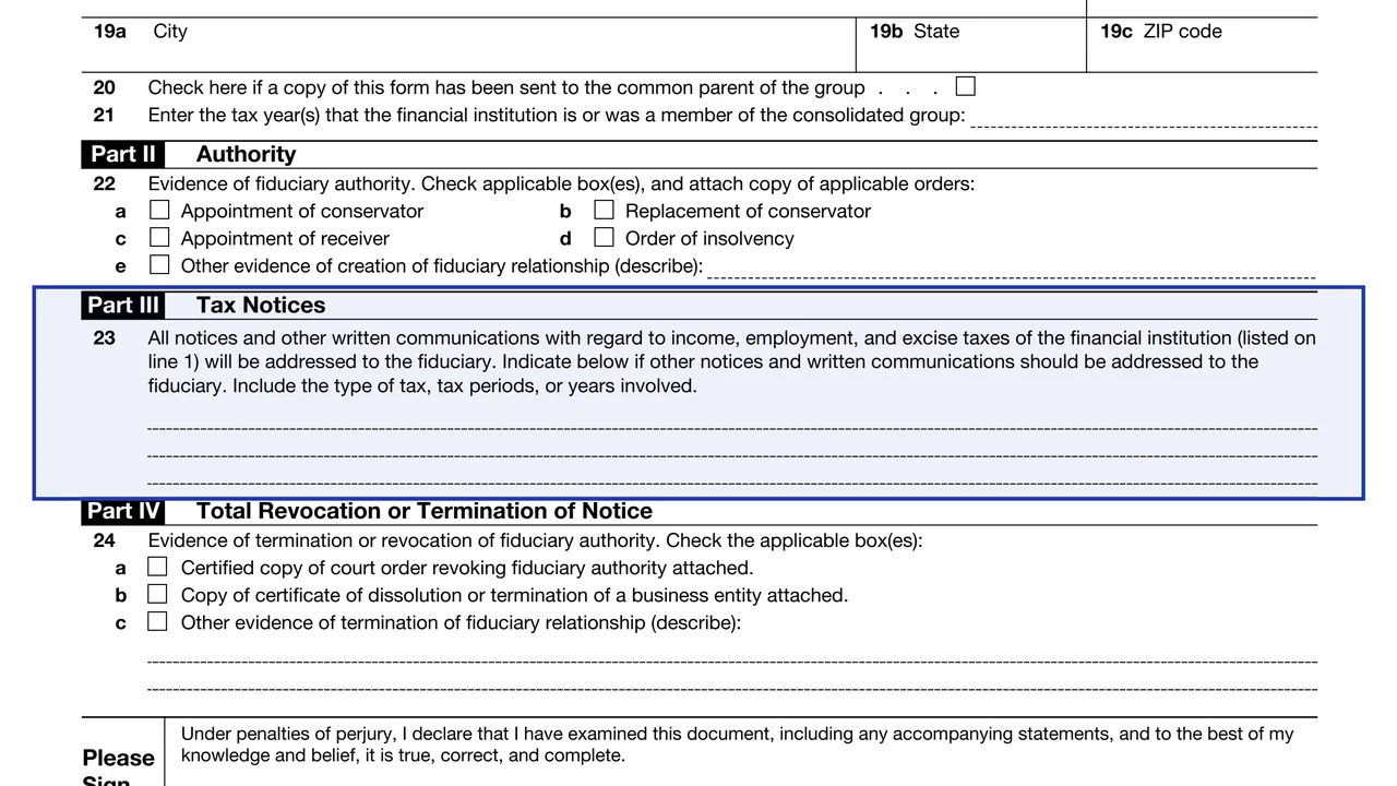 Part III: Tax Notices on page 1 of Form 56-F: Notice Concerning Fiduciary Relationship of Financial Institution, as printed by IRS