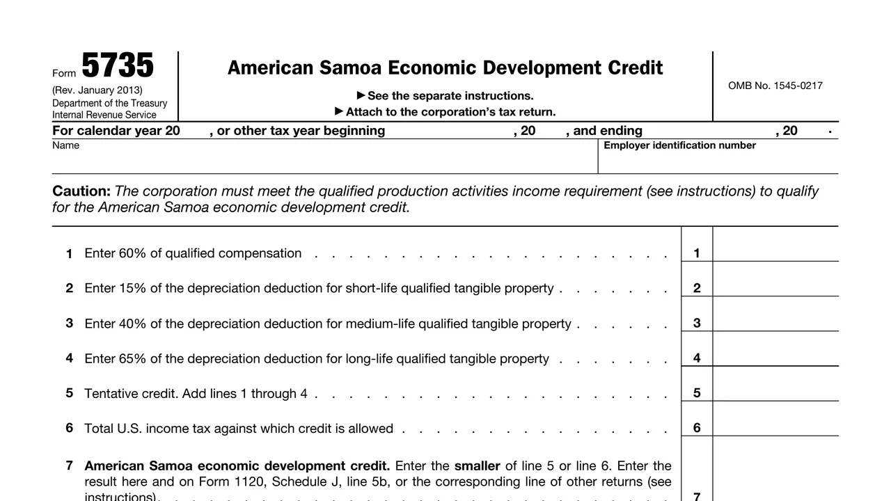 Top of page 1 of Form 5735: American Samoa Economic Development Credit, as printed by IRS