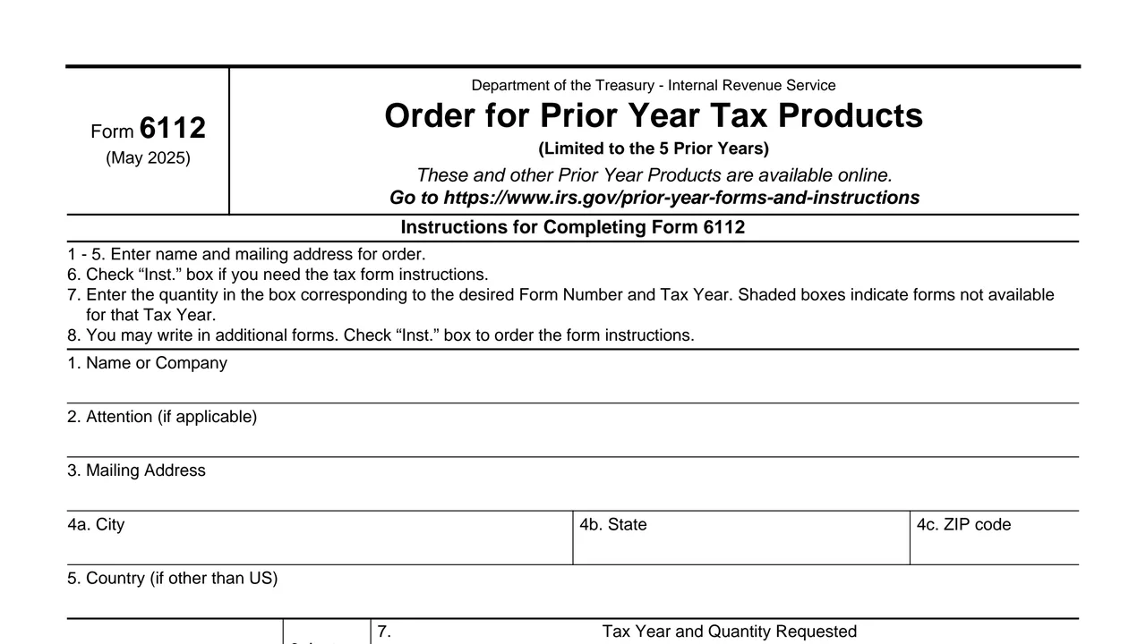 Top of page 1 of Form 6112: Order for Prior Year Tax Products, as printed by IRS