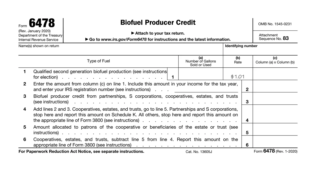 Top of page 1 of Form 6478: Biofuel Producer Credit, as printed by IRS