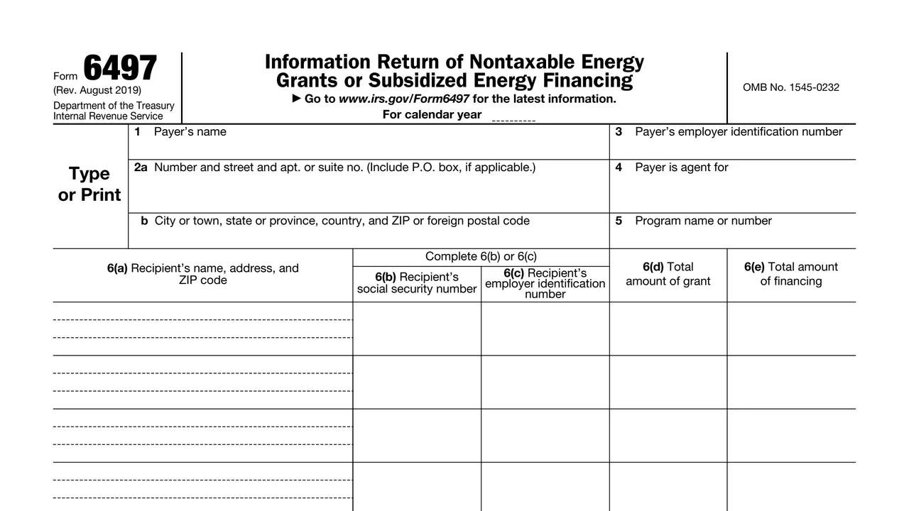 Top of page 1 of Form 6497: Information Return of Nontaxable Energy Grants or Subsidized Energy Financing, as printed by IRS