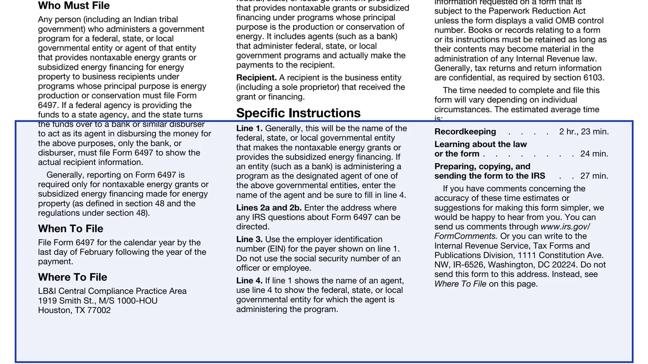 Line 1 on page 2 of Form 6497: Information Return of Nontaxable Energy Grants or Subsidized Energy Financing, as printed by IRS