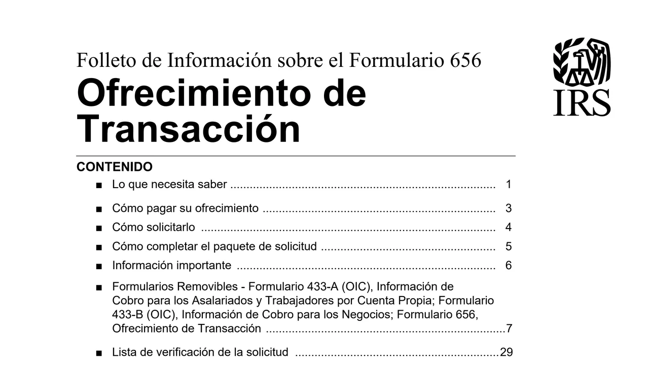 Top of page 1 of Form 656-B (sp): Offer in Compromise Booklet, Spanish Version, as printed by IRS