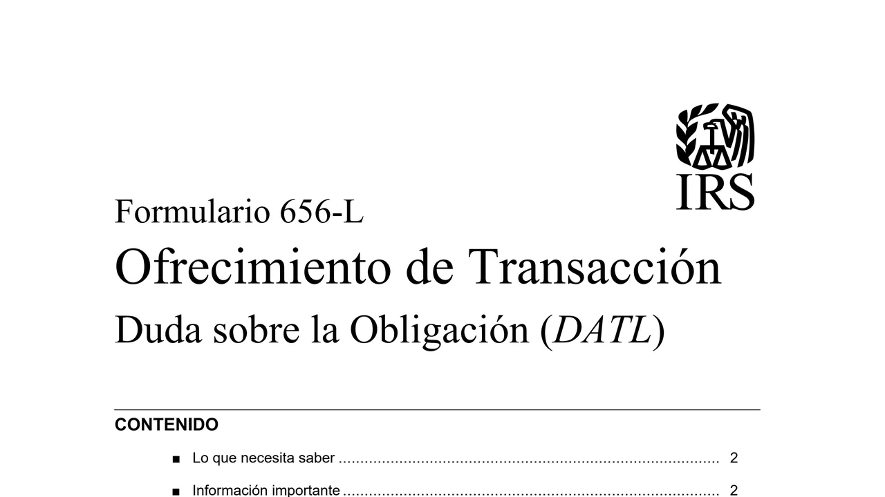 Top of page 1 of Form 656-L (sp): Offer in Compromise (Doubt as to Liability), Spanish Version, as printed by IRS